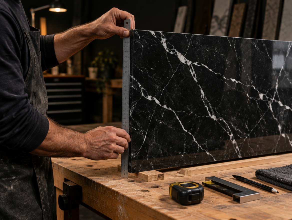 Marble-look panel being prepared in the workshop