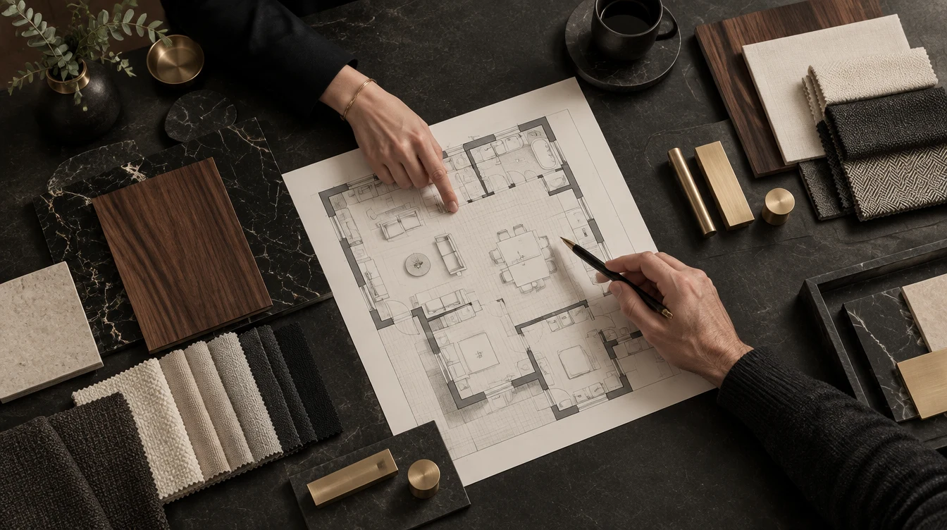 Design consultation around a home plan and material samples