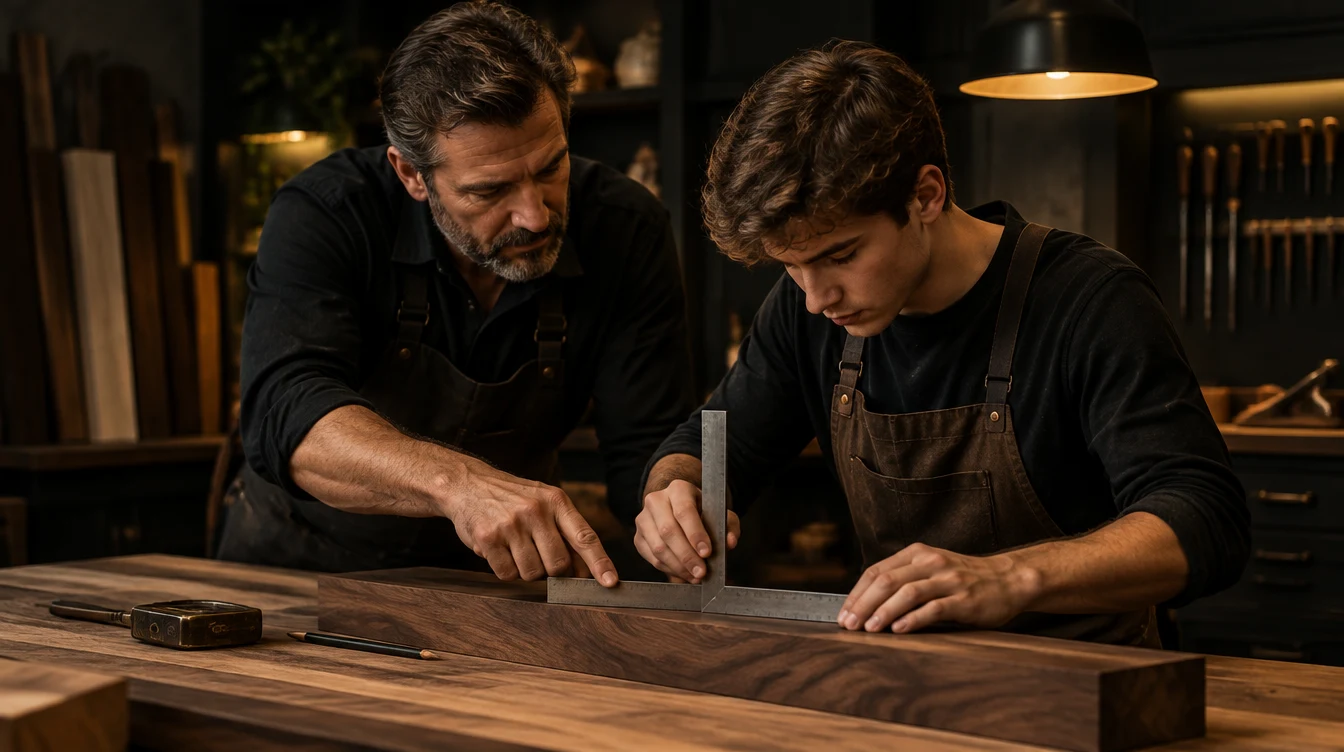 A mentor teaching an apprentice in a workshop