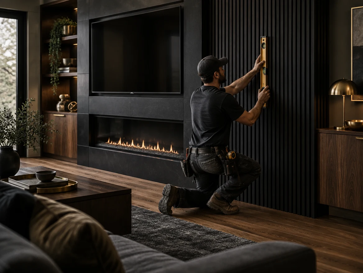 Tradesperson installing a fireplace panel