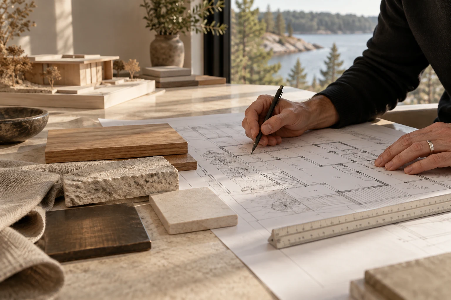 Architect reviewing architectural plans and material samples