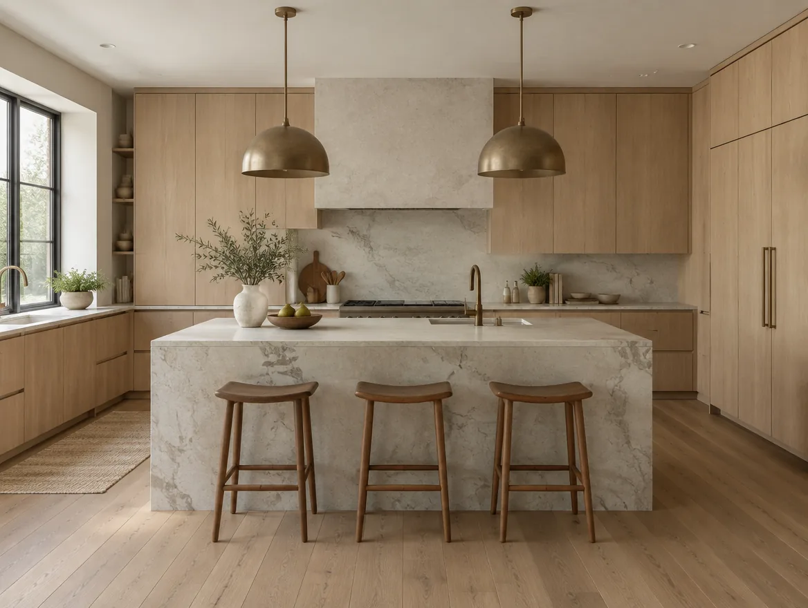Calm kitchen with white oak cabinetry and a pale stone island