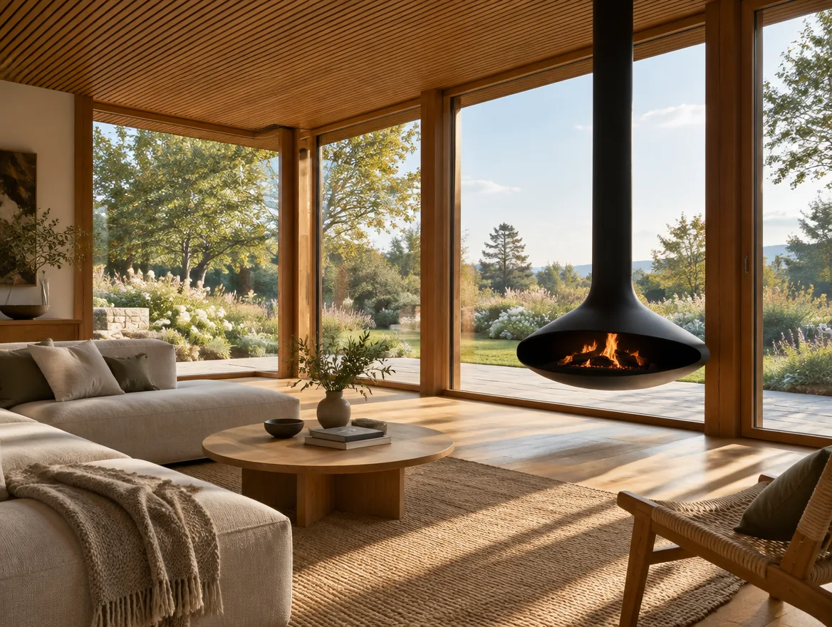 Living space with timber-framed windows, slatted ceiling and a suspended fireplace