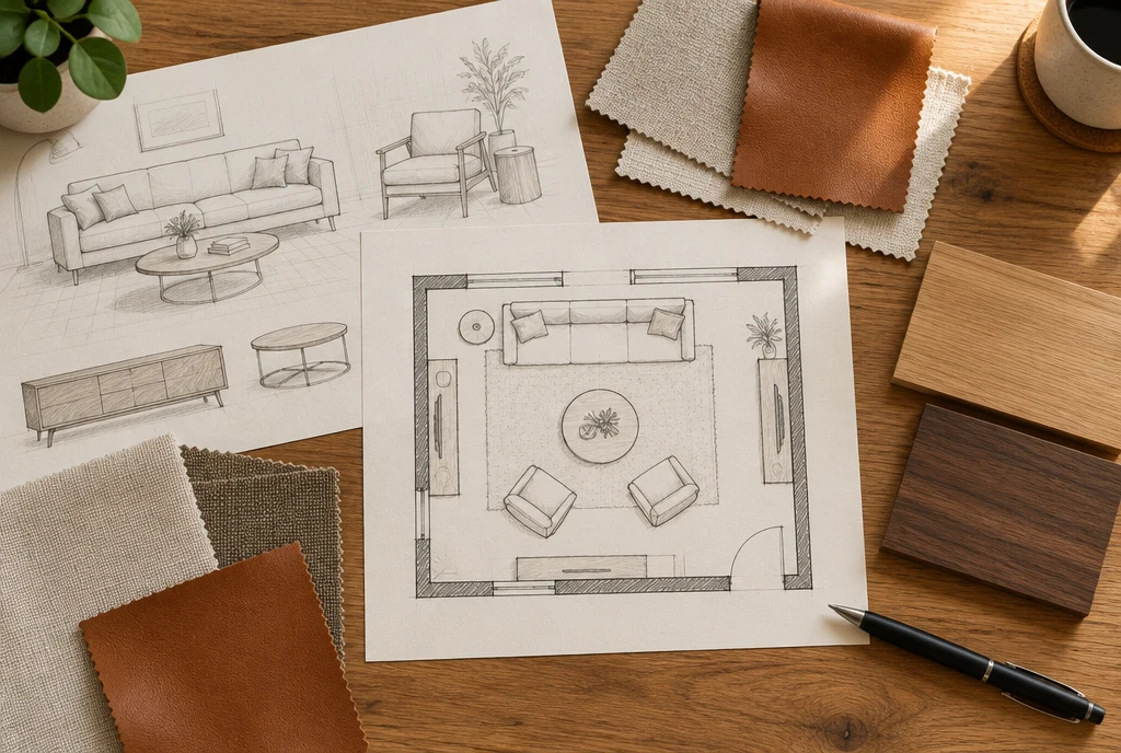 Living room design drawings and material samples
