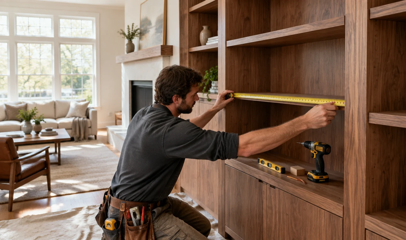 Custom walnut shelving being fitted